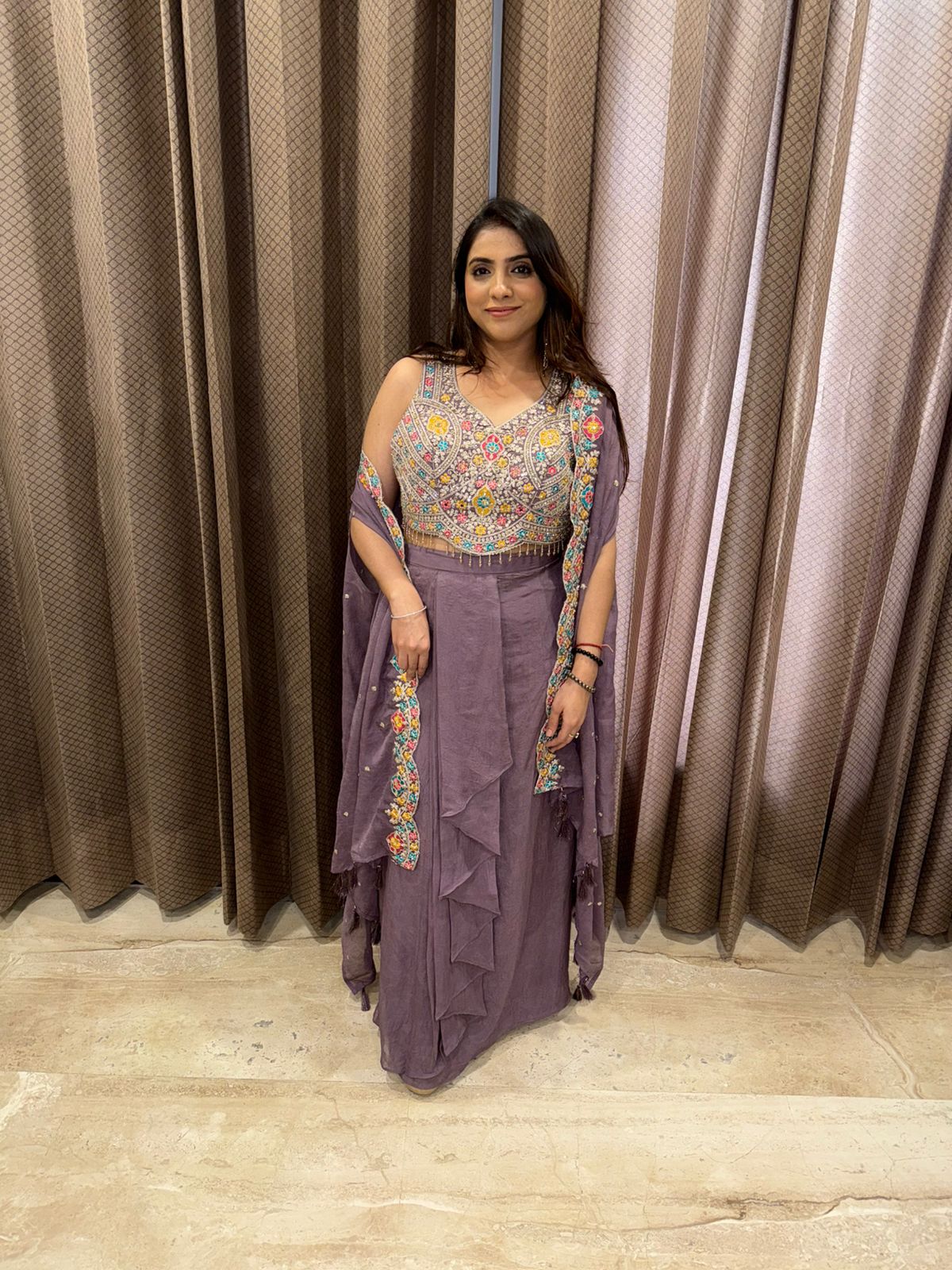 Mauve Embroidered Crop Top and Skirt Set with Cape