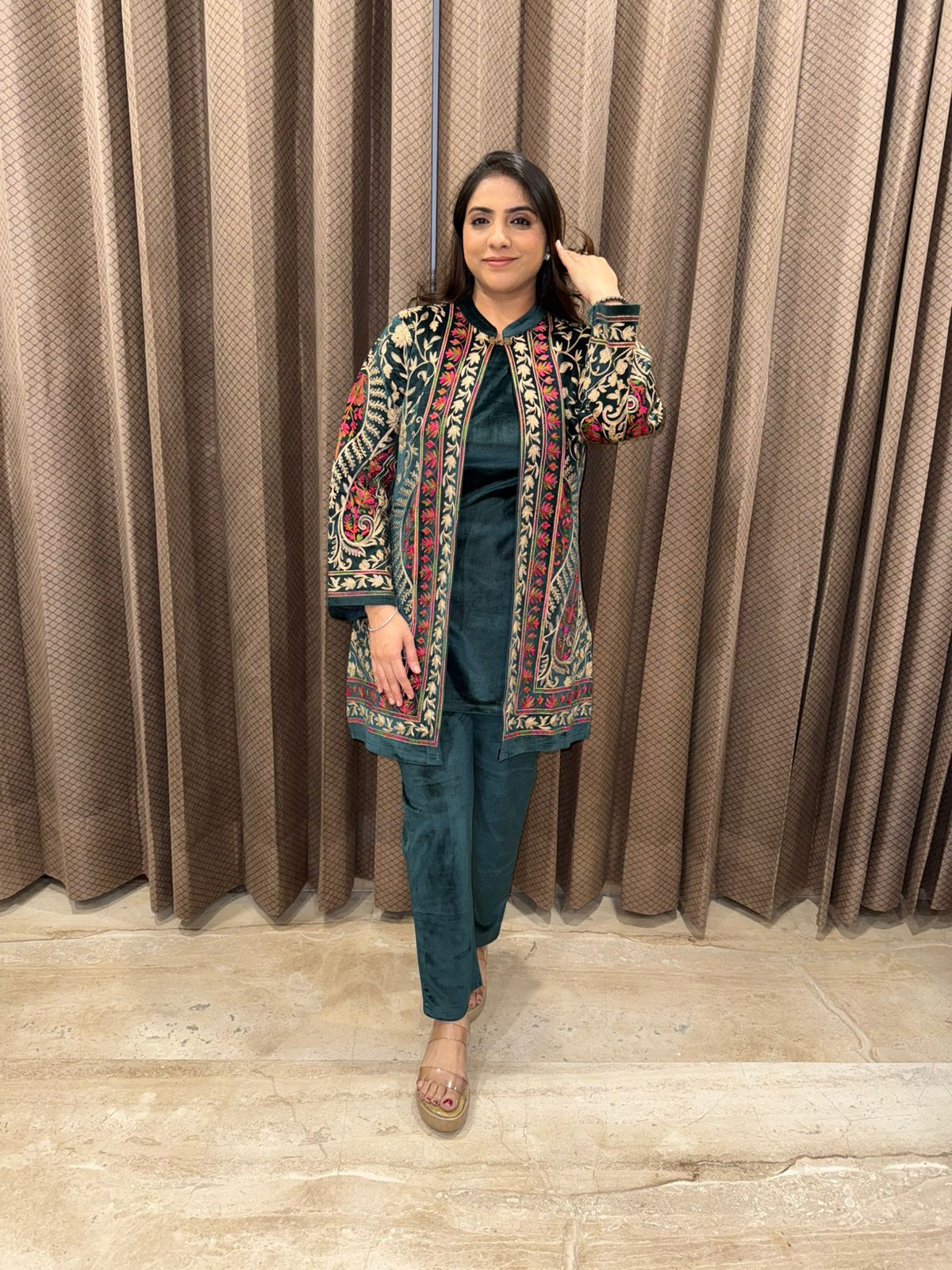 Elegant Dark Green Velvet Kurta Set with Multicolor Kashmiri Embroidered Jacket
