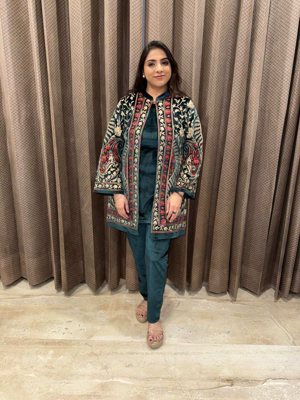 Elegant Dark Green Velvet Kurta Set with Multicolor Kashmiri Embroidered Jacket