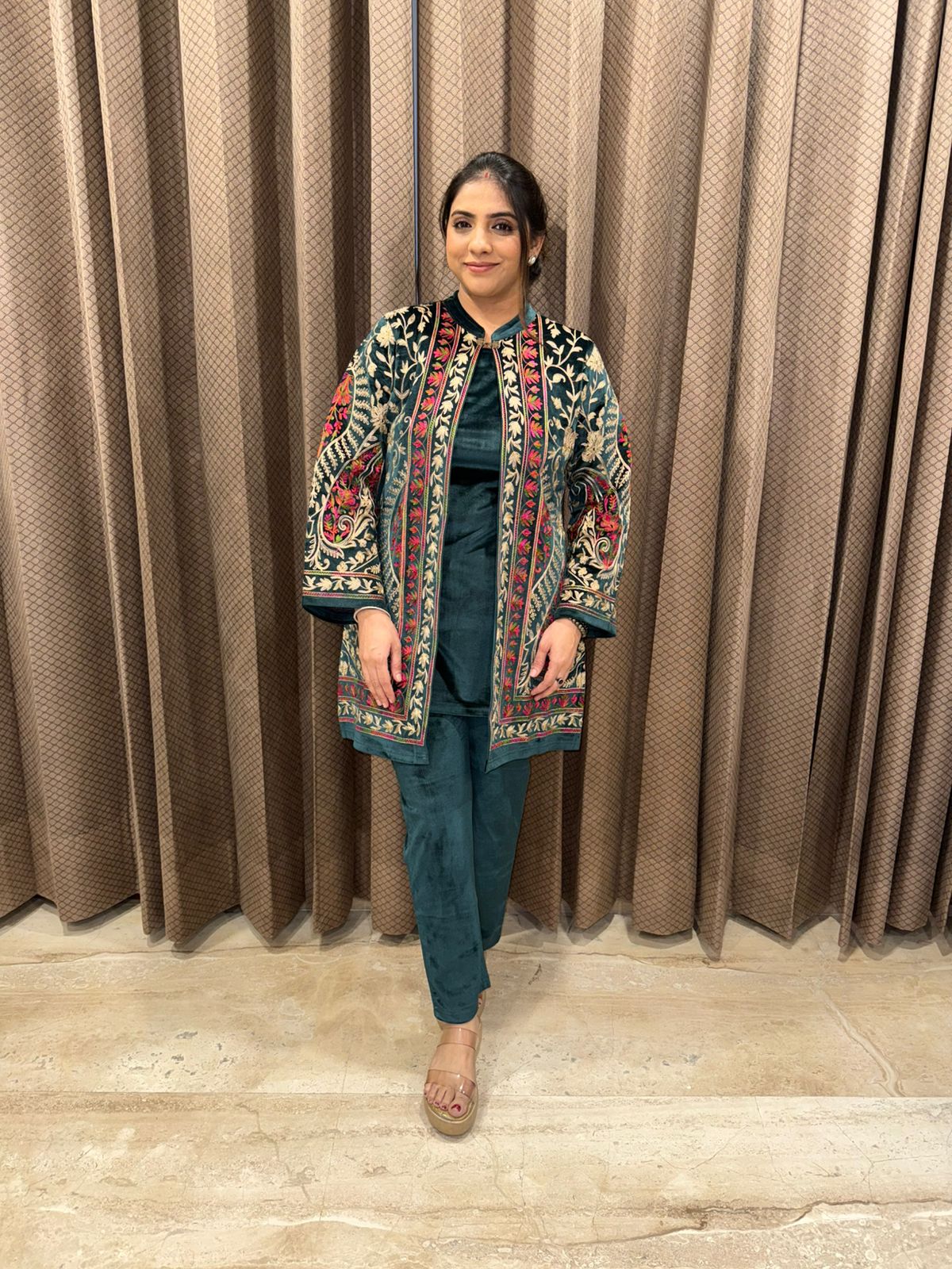 Elegant Dark Green Velvet Kurta Set with Multicolor Kashmiri Embroidered Jacket
