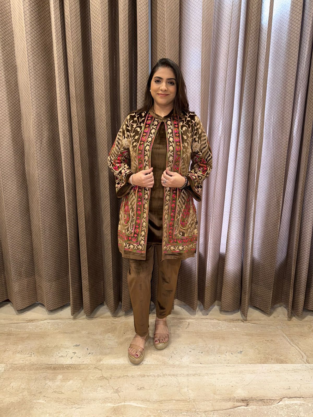 Elegant Brown Velvet Kurta Set with Multicolor Kashmiri Embroidered Jacket