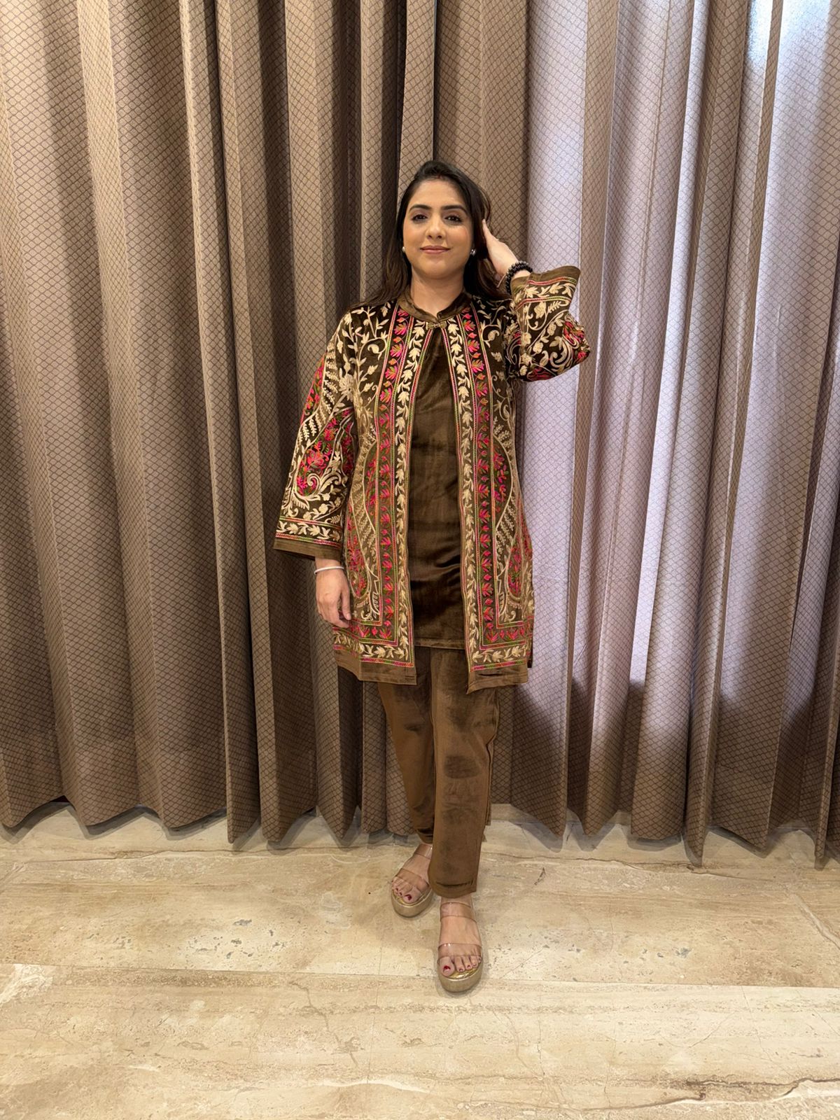 Elegant Brown Velvet Kurta Set with Multicolor Kashmiri Embroidered Jacket
