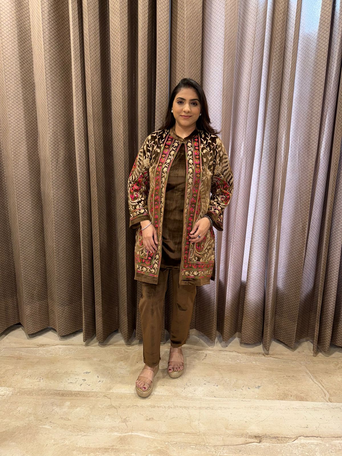 Elegant Brown Velvet Kurta Set with Multicolor Kashmiri Embroidered Jacket
