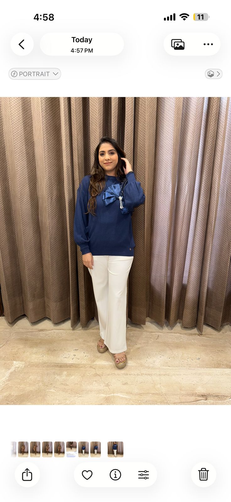 Stylish Navy Blue Sweatshirt with Bow and Pearl Detailing