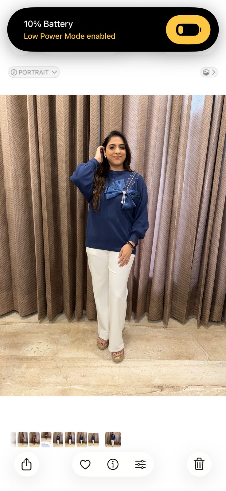 Stylish Navy Blue Sweatshirt with Bow and Pearl Detailing