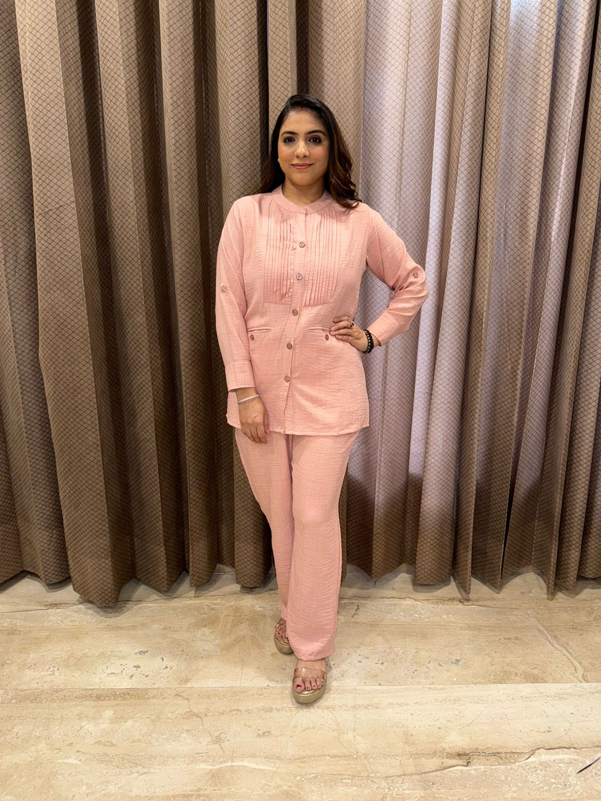 Elegant Blush Pink Co-ord Set with Button Detailing and Pleated Front