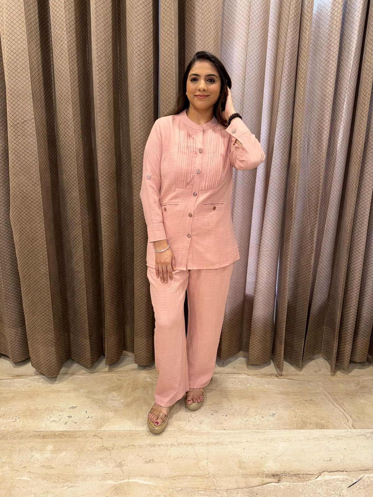 Elegant Blush Pink Co-ord Set with Button Detailing and Pleated Front