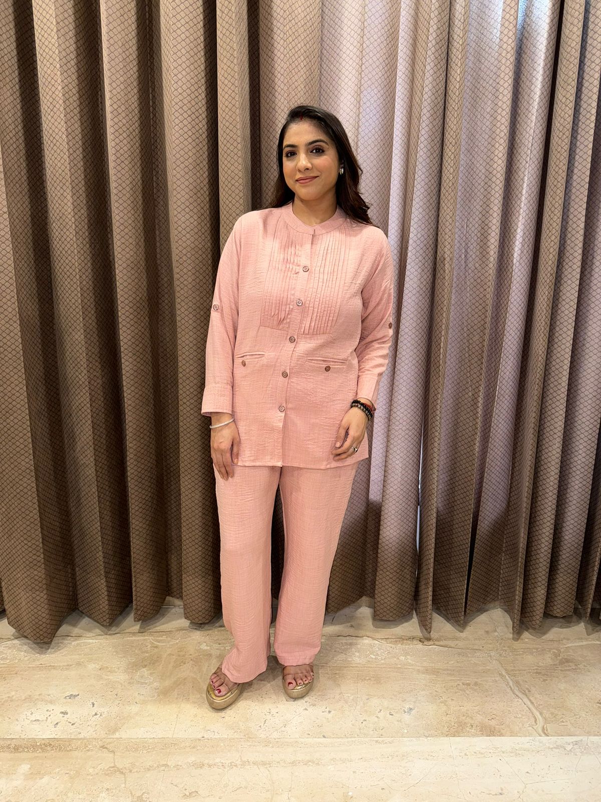 Elegant Blush Pink Co-ord Set with Button Detailing and Pleated Front