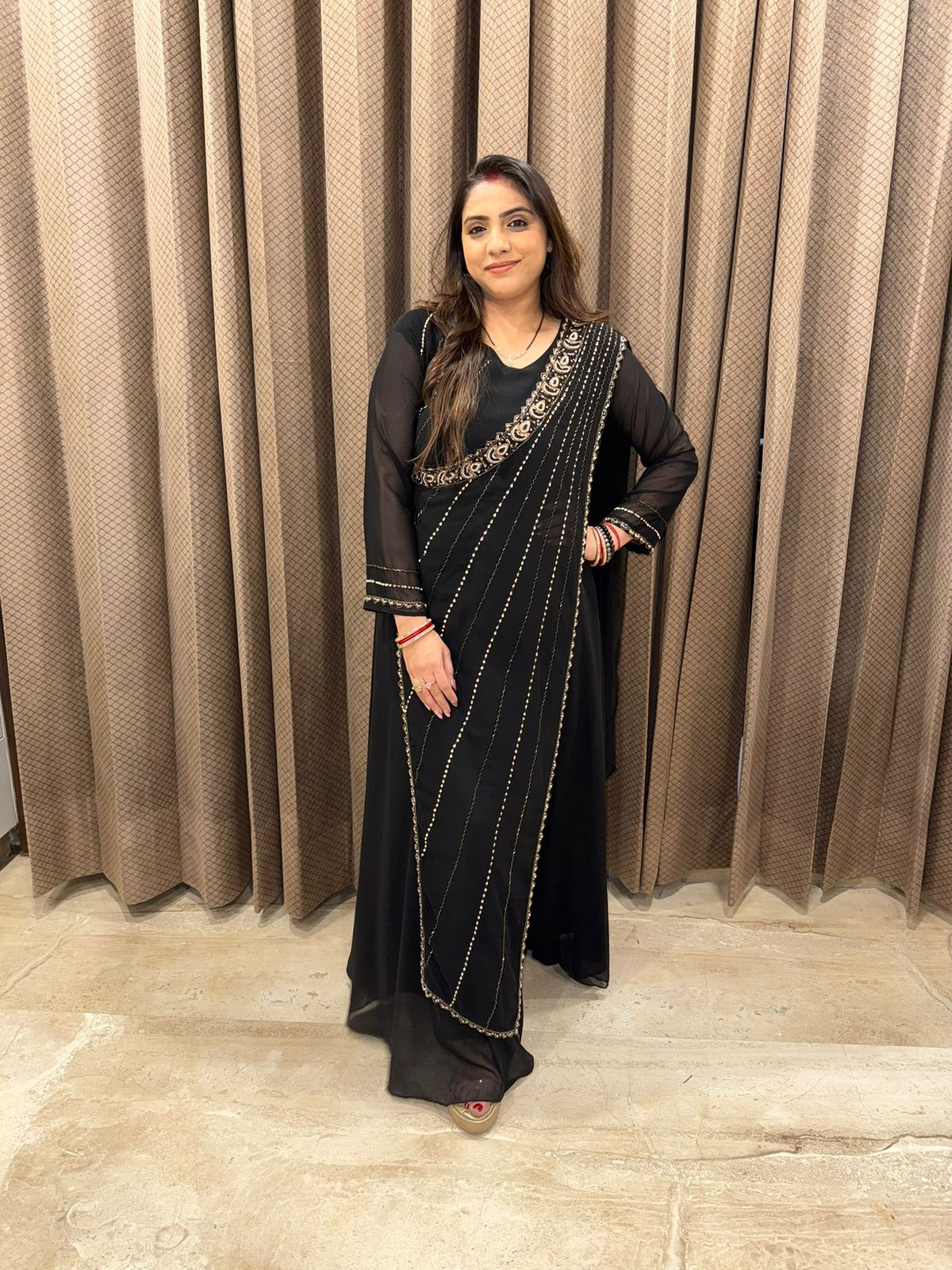 Black Drape Style One Piece with Golden Sequin Detailing