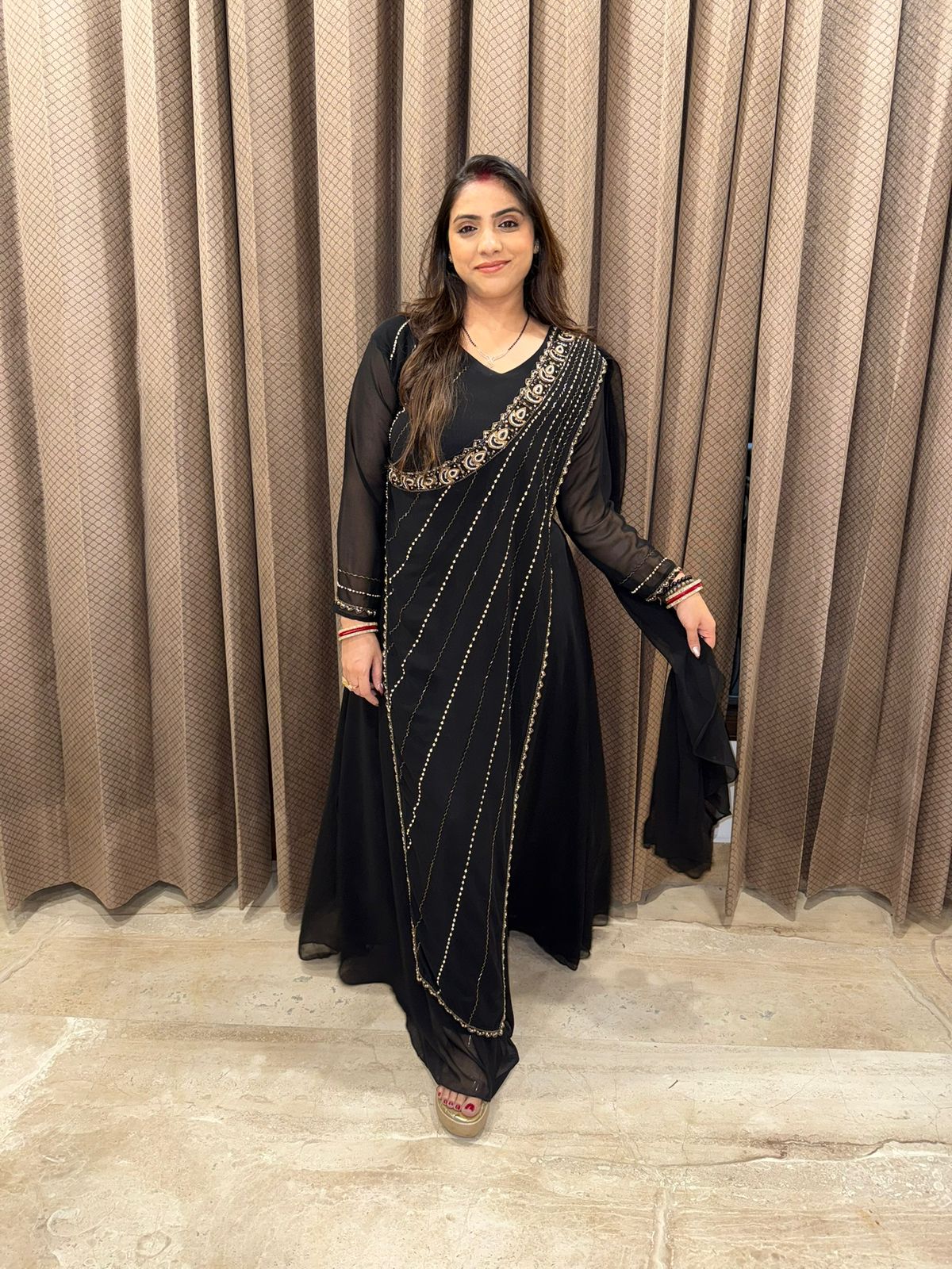 Black Drape Style One Piece with Golden Sequin Detailing