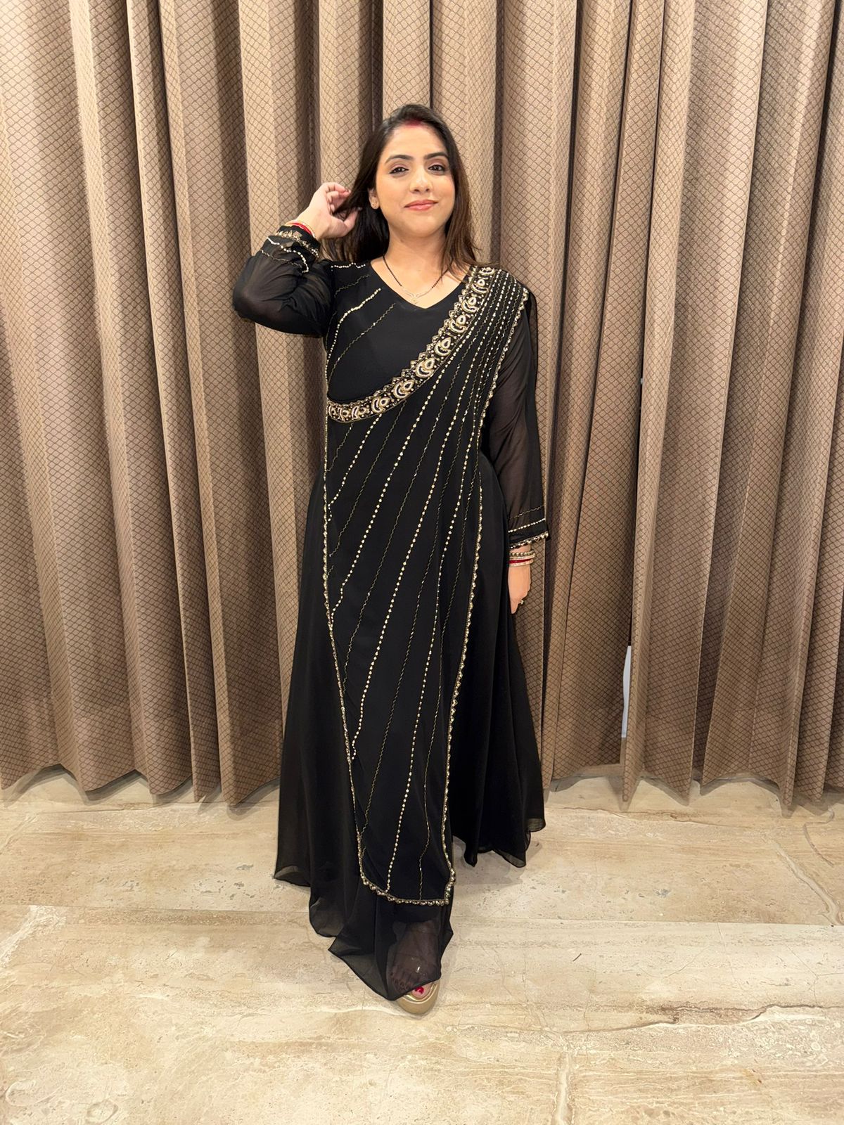 Black Drape Style One Piece with Golden Sequin Detailing