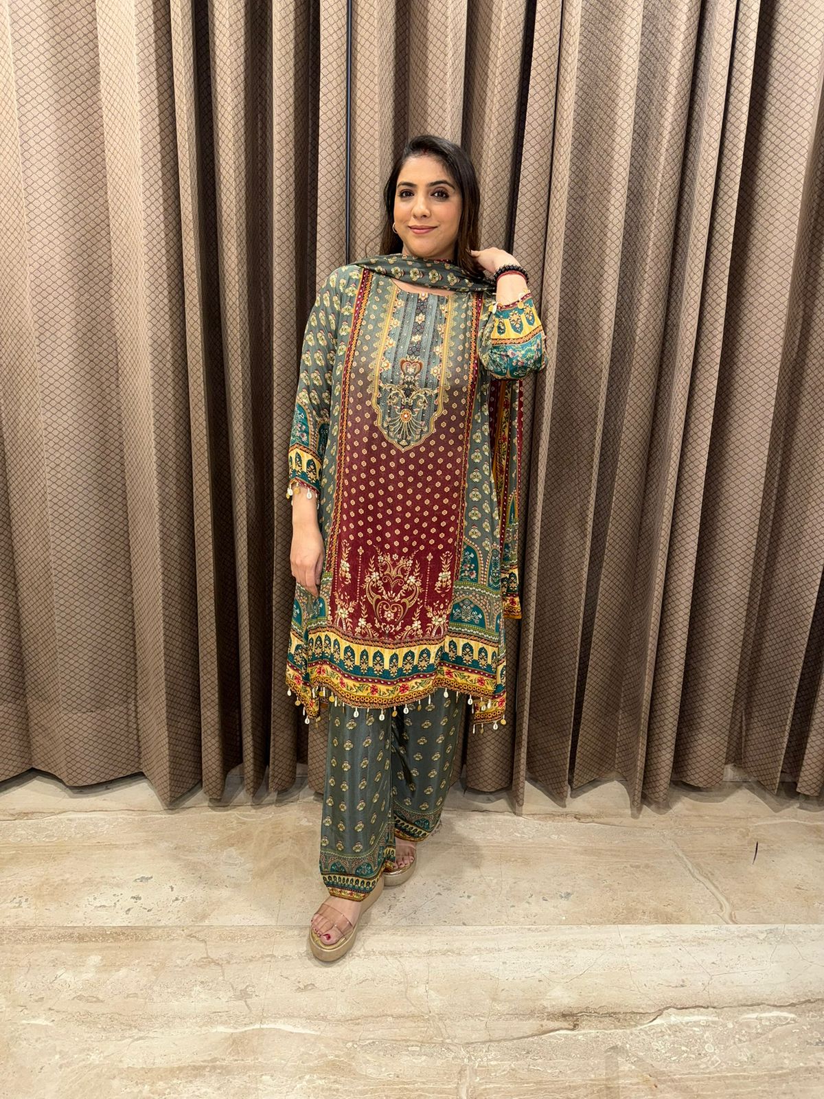 Printed Mughal Motif Suit Set with Tassel Detailing