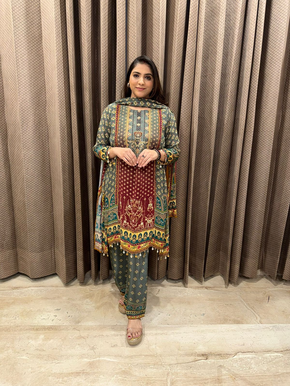 Printed Mughal Motif Suit Set with Tassel Detailing