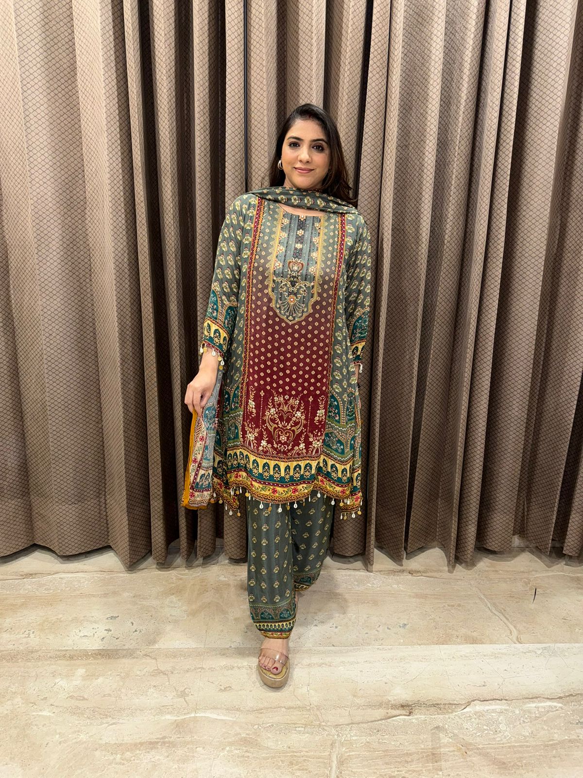 Printed Mughal Motif Suit Set with Tassel Detailing