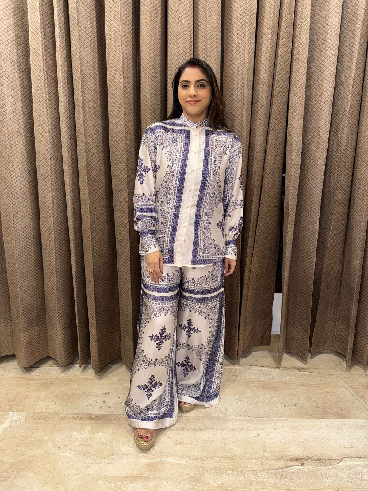 Ivory and Blue Printed Co-ord Set with Collared Shirt