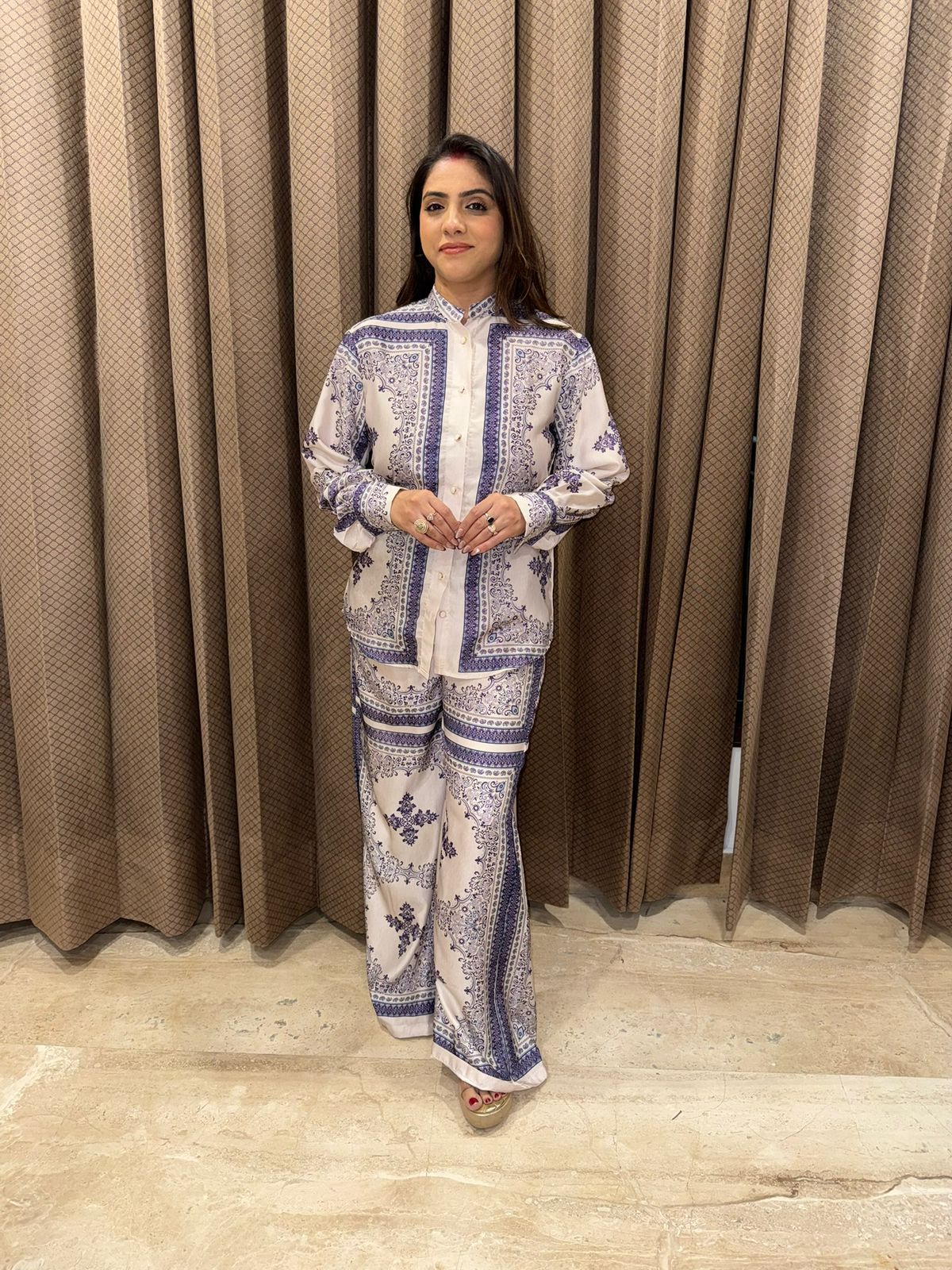 Ivory and Blue Printed Co-ord Set with Collared Shirt