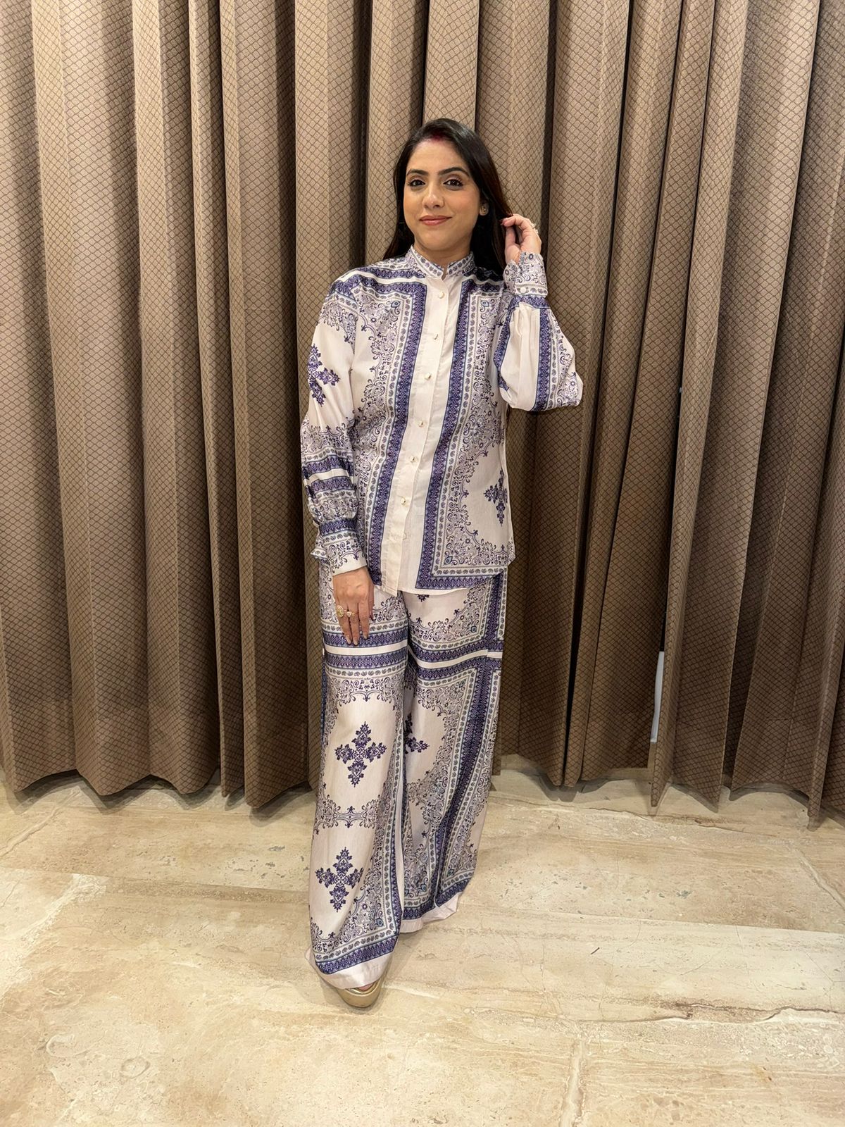 Ivory and Blue Printed Co-ord Set with Collared Shirt