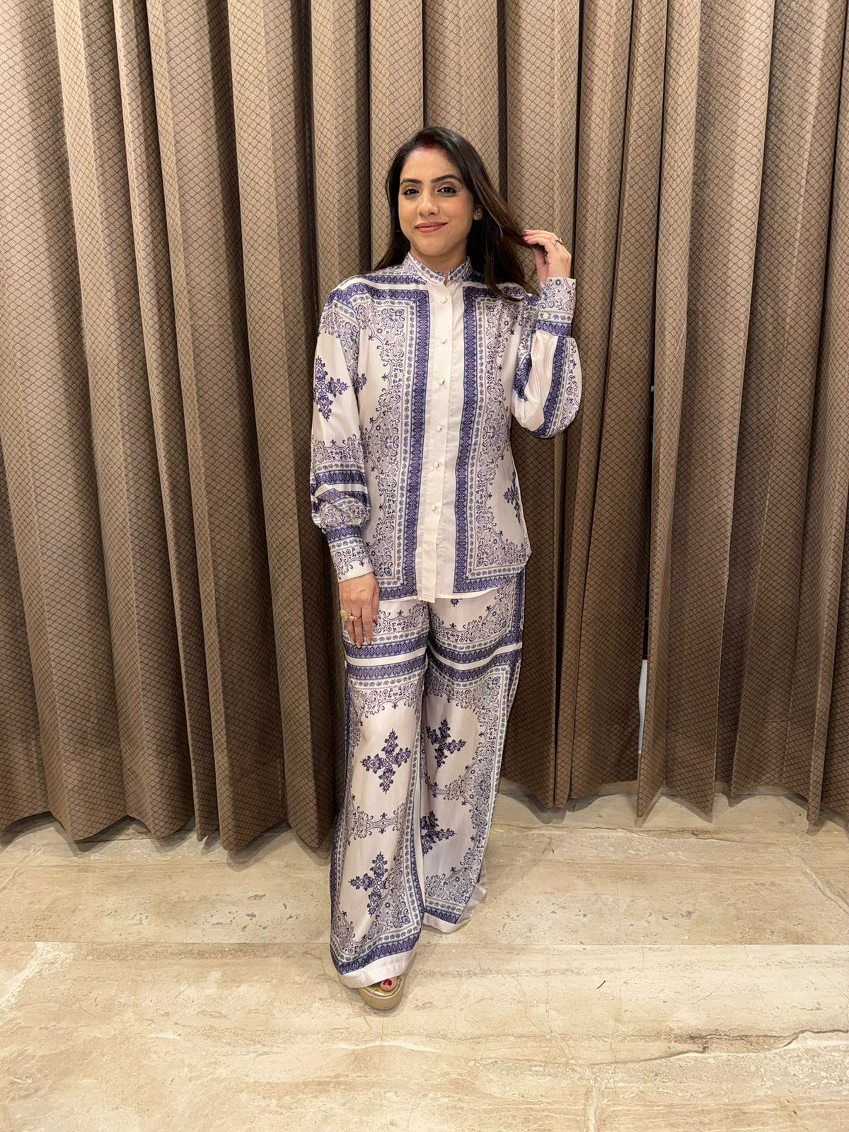 Ivory and Blue Printed Co-ord Set with Collared Shirt