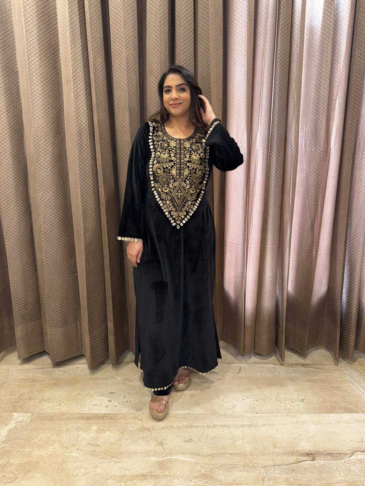 Black Velvet Kaftan with Antique Golden Embroidery