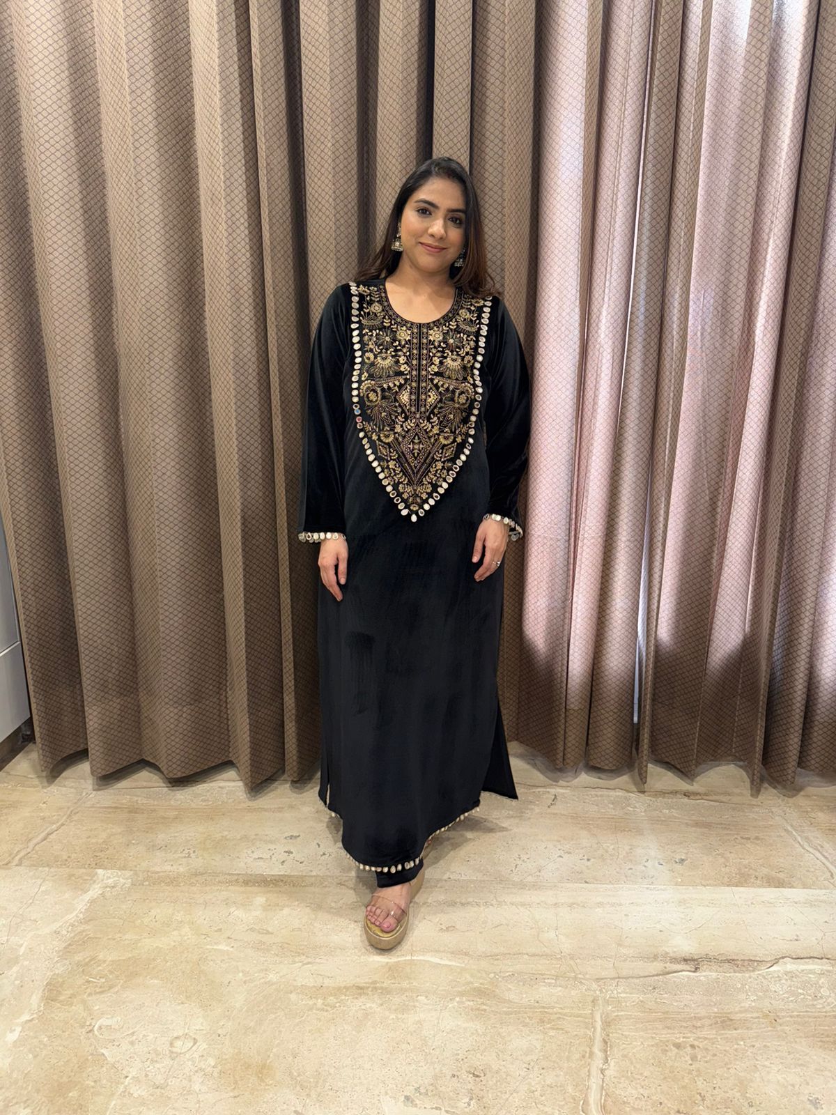 Black Velvet Kaftan with Antique Golden Embroidery