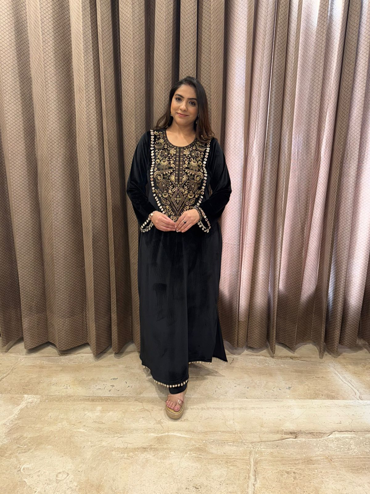 Black Velvet Kaftan with Antique Golden Embroidery