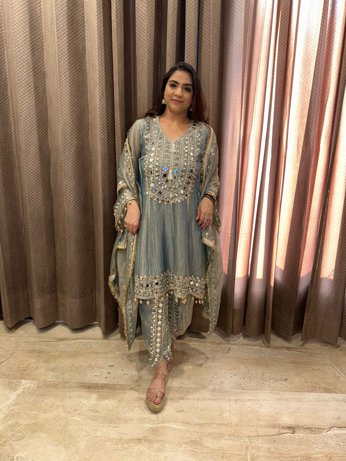 Pastel Heavy Mirror & Dotta Patti Work Suit Set with Embellished Dupatta