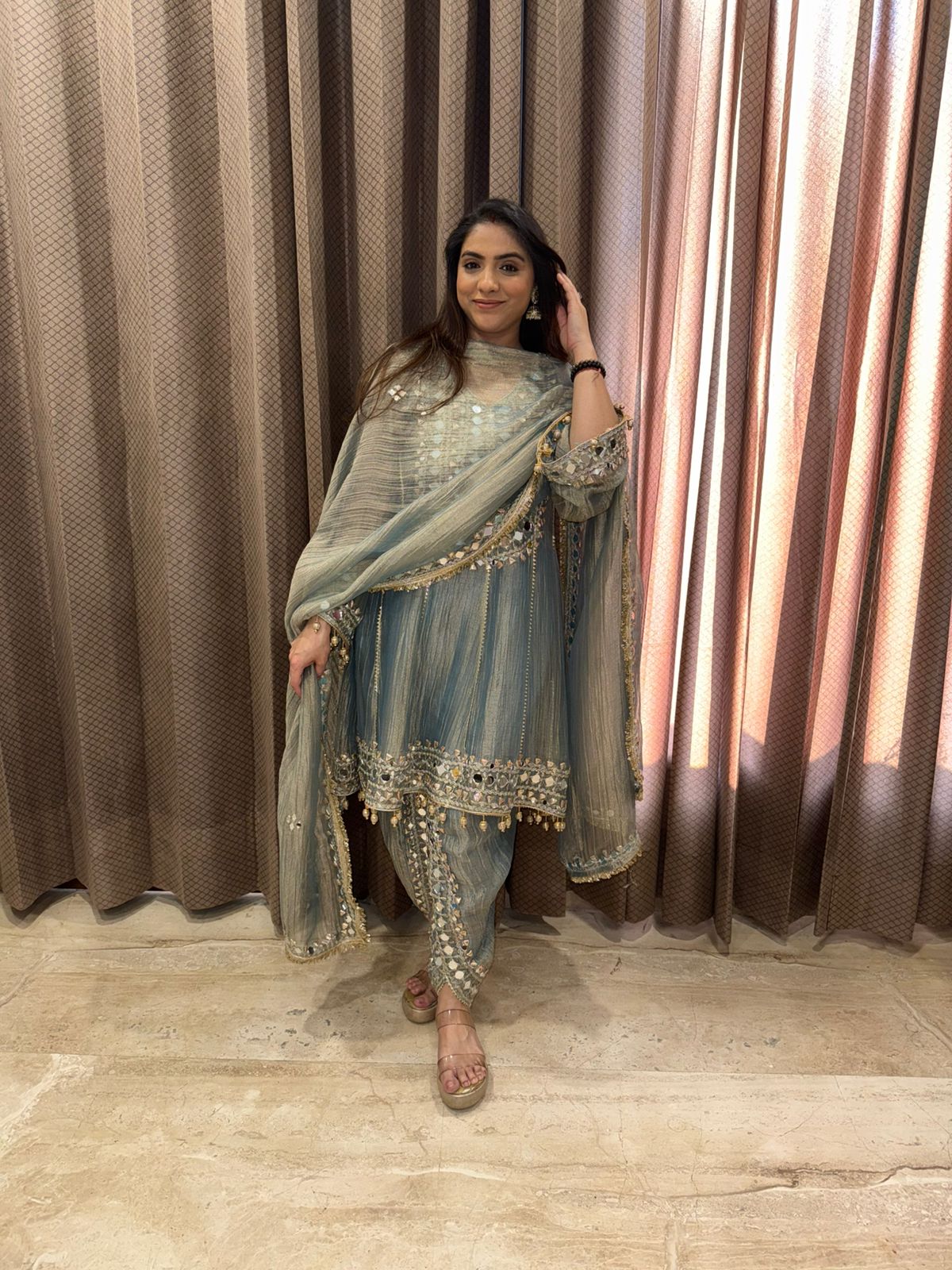 Pastel Heavy Mirror & Dotta Patti Work Suit Set with Embellished Dupatta