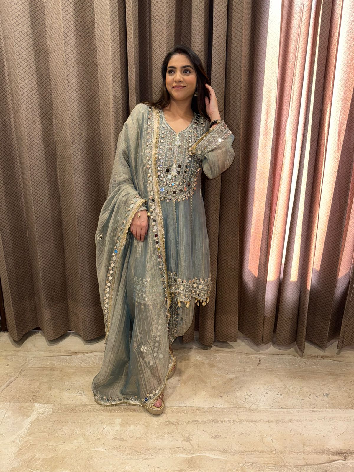 Pastel Heavy Mirror & Dotta Patti Work Suit Set with Embellished Dupatta