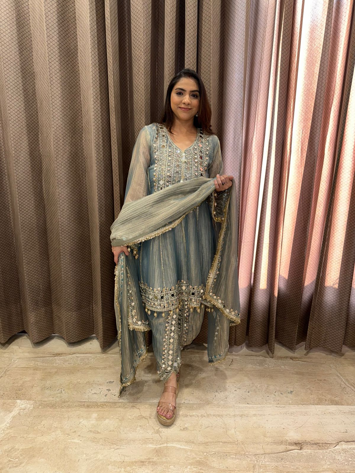 Pastel Heavy Mirror & Dotta Patti Work Suit Set with Embellished Dupatta