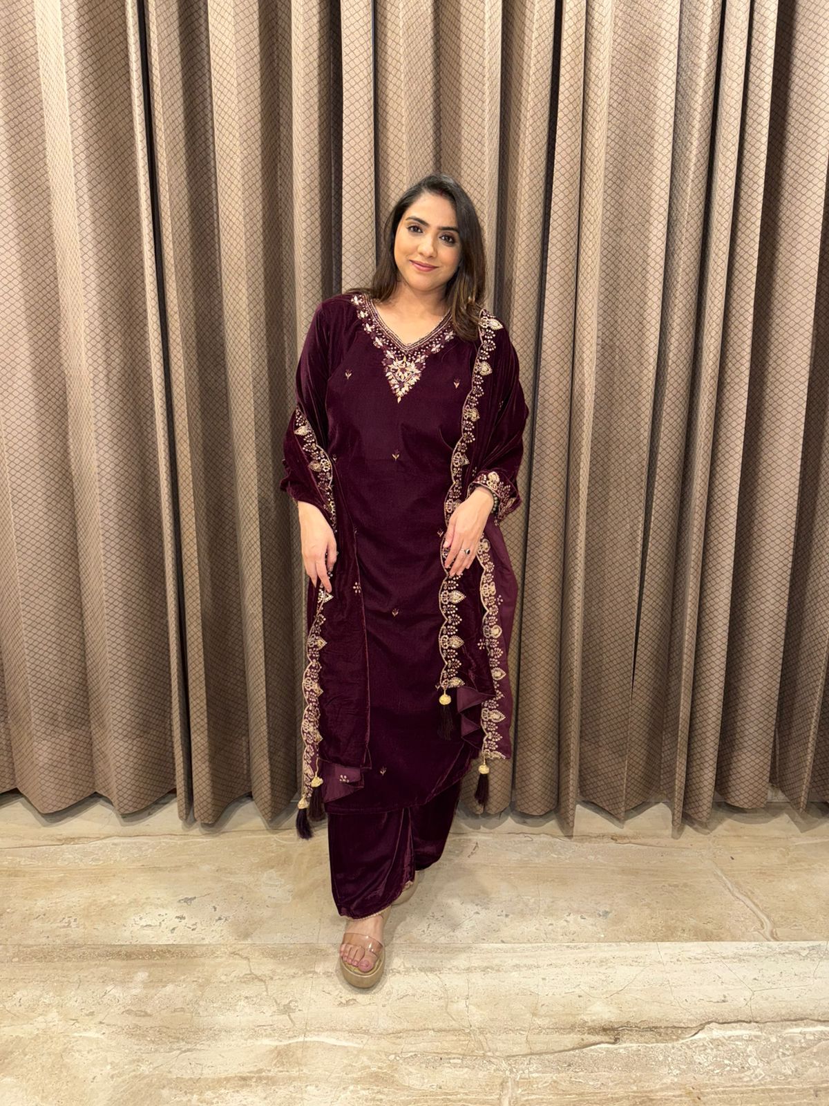 Wine Velvet Hand-work Suit Set with Dupatta Trim