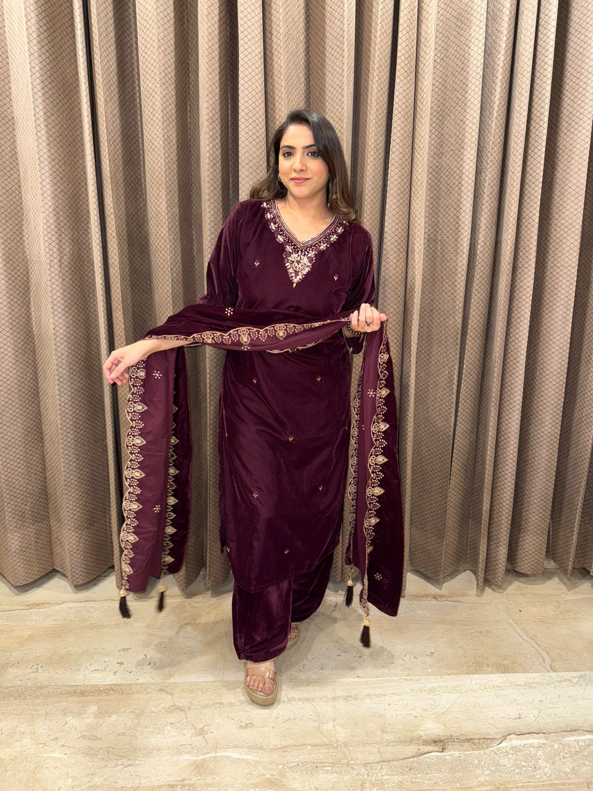 Wine Velvet Hand-work Suit Set with Dupatta Trim