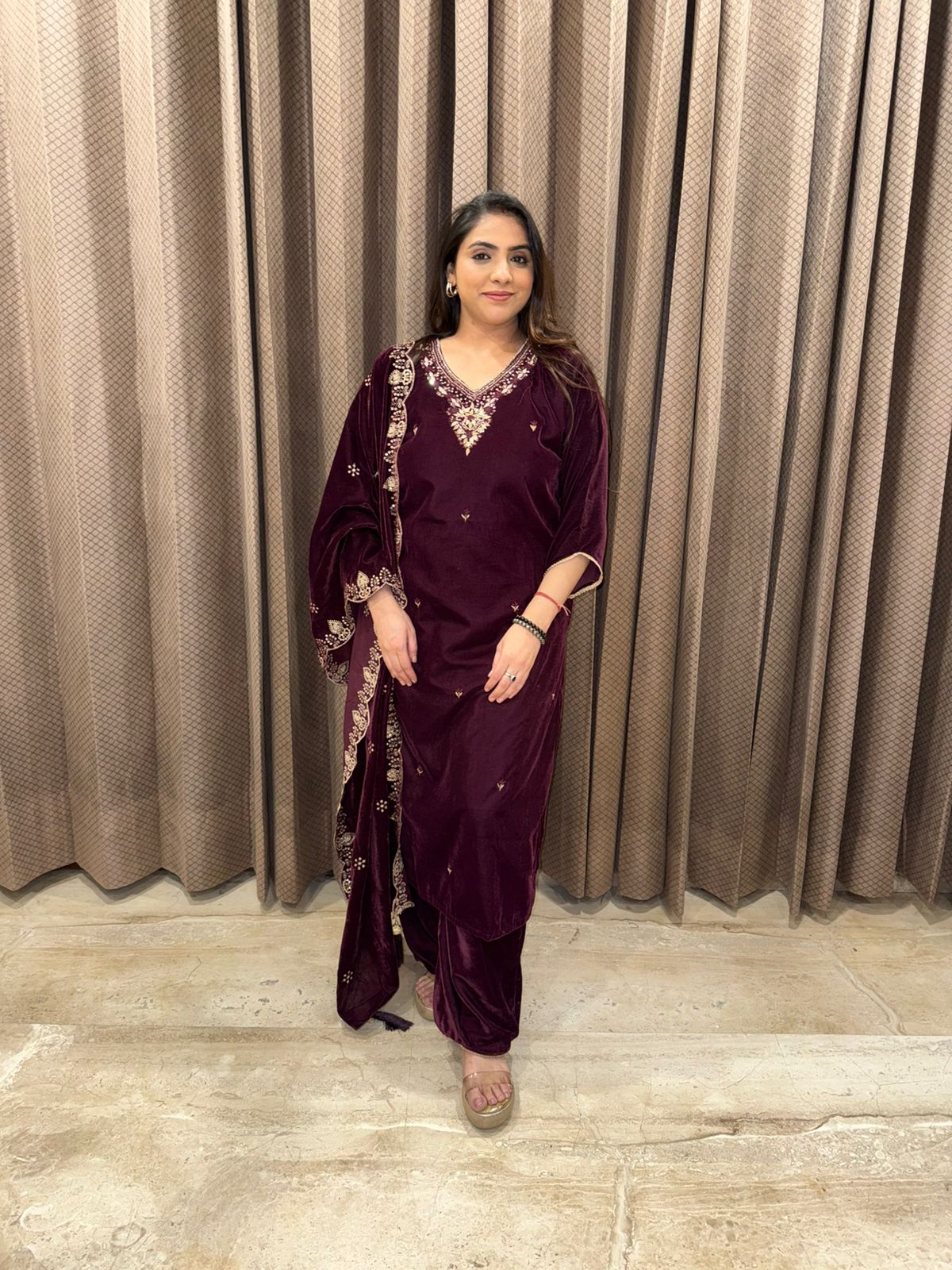 Wine Velvet Hand-work Suit Set with Dupatta Trim