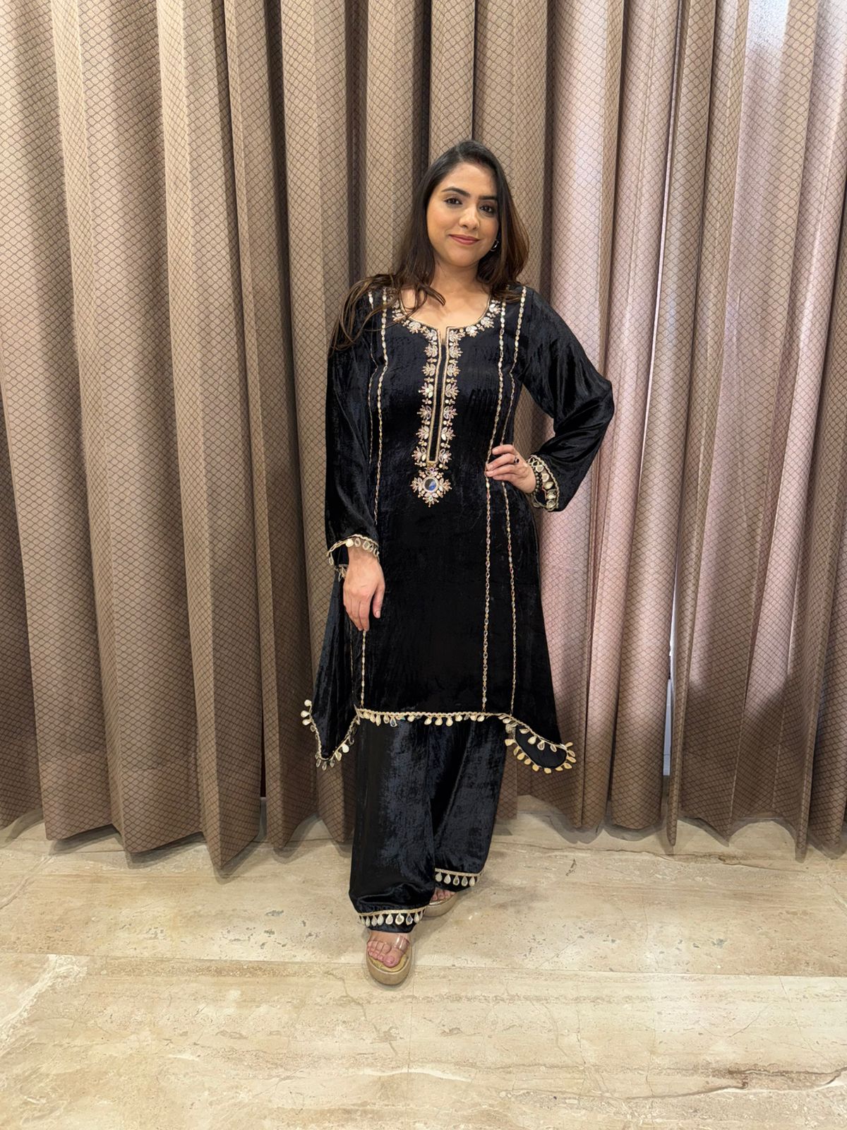 Black Velvet Hand-work Kurta Set with Tassel Detailing