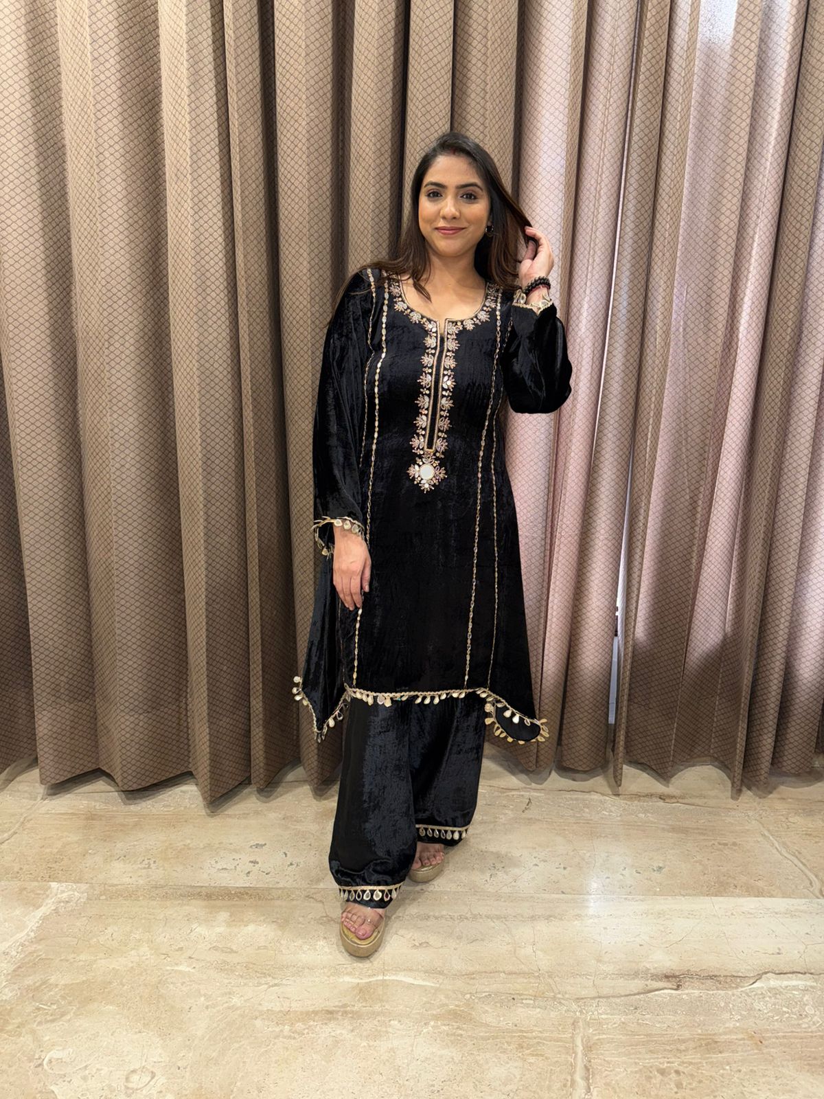 Black Velvet Hand-work Kurta Set with Tassel Detailing
