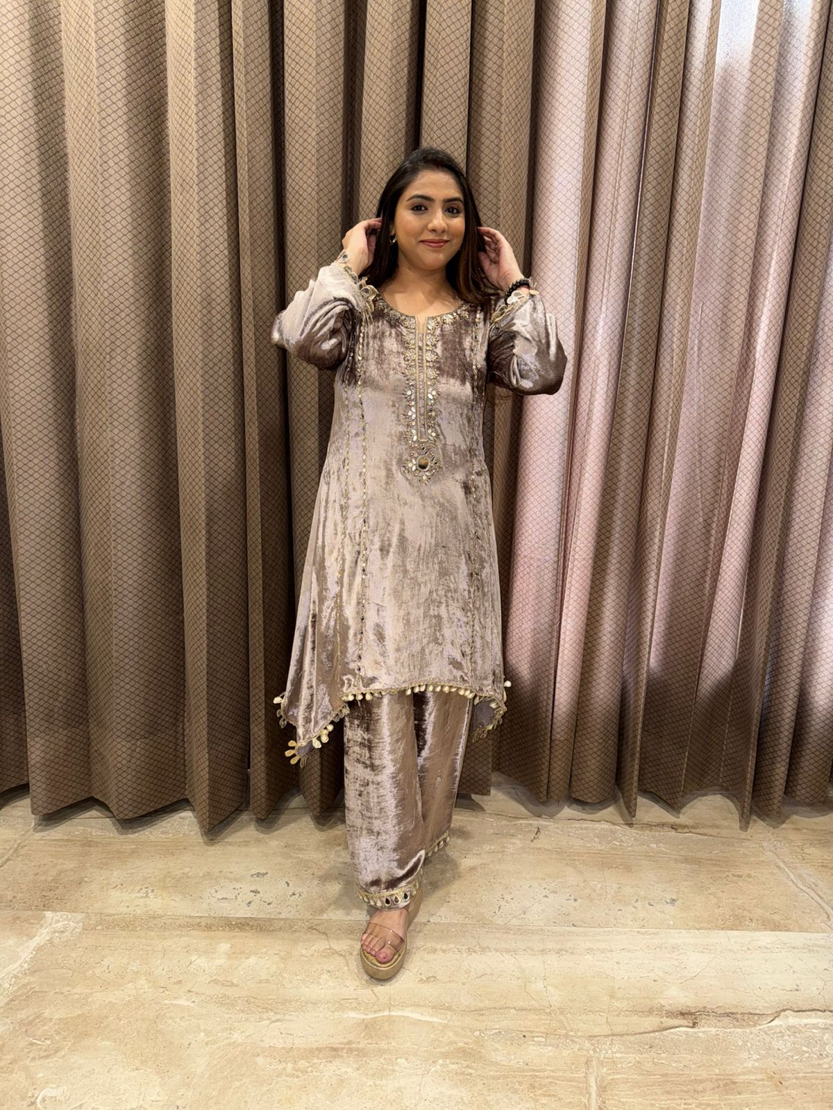 Champagne Velvet Hand-work Kurta Set with Tassel Detailing