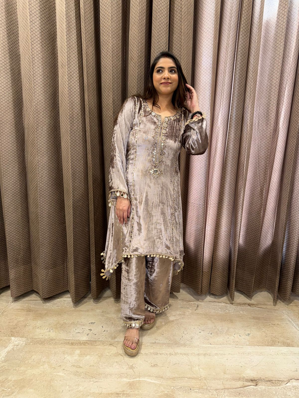 Champagne Velvet Hand-work Kurta Set with Tassel Detailing