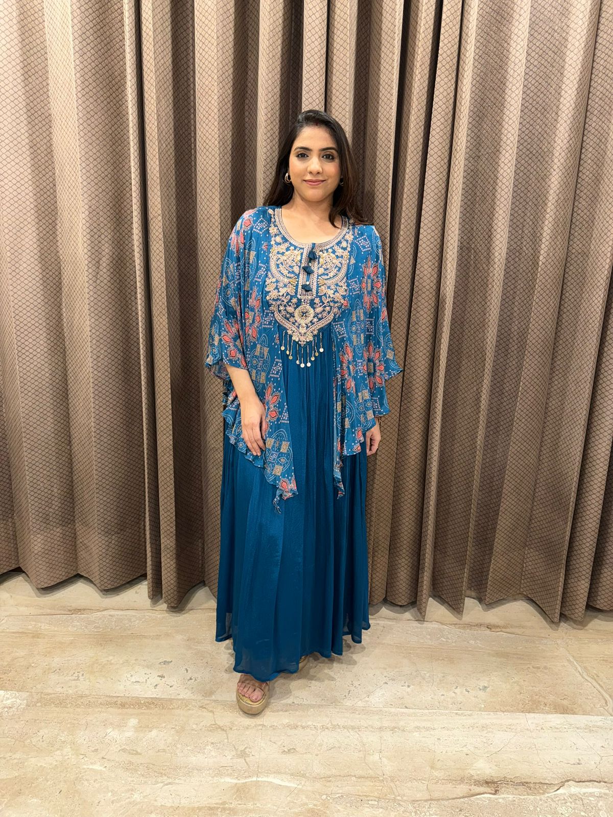 Blue Boho Chic Printed Dress with Embellished Neckline