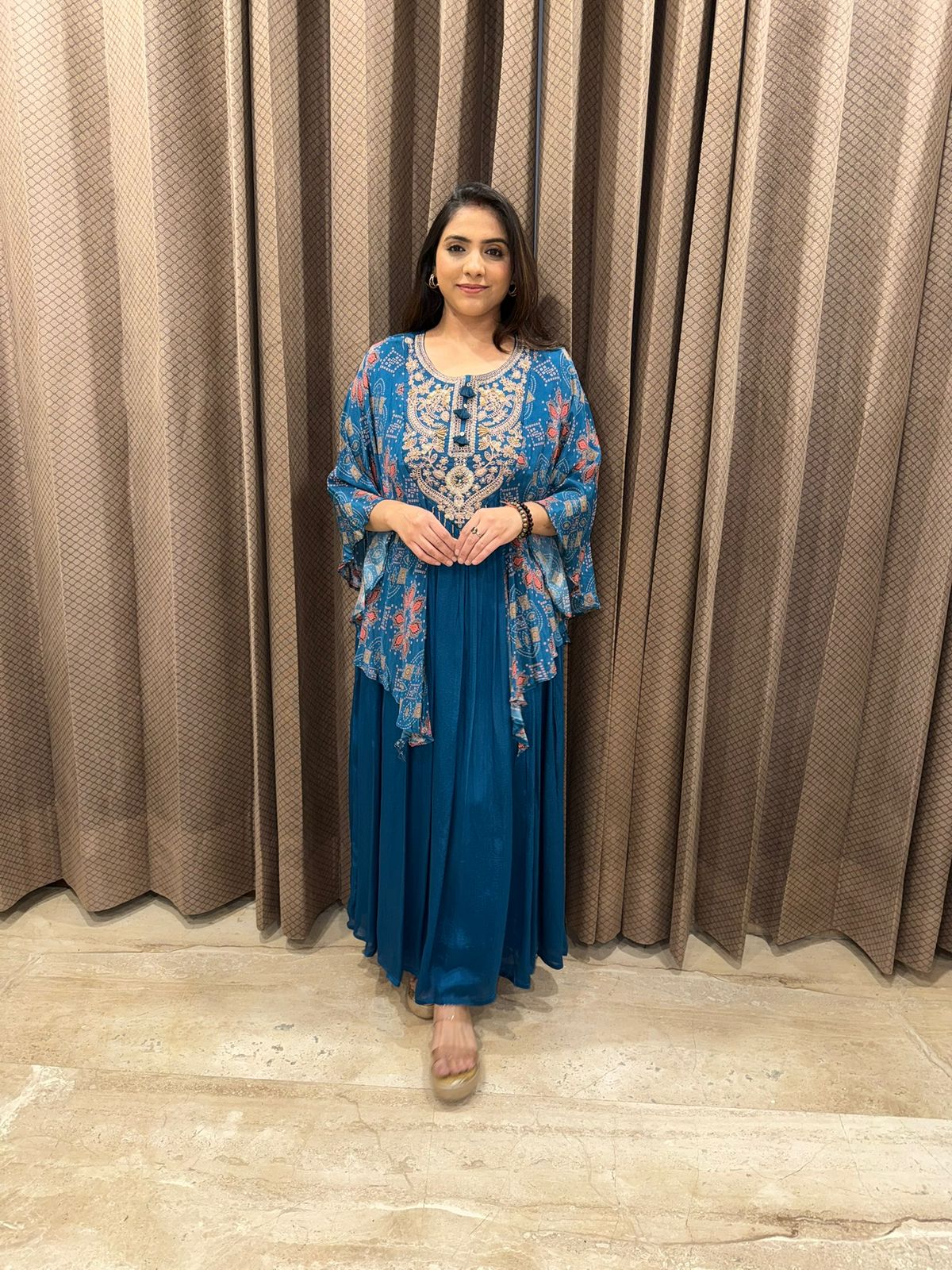 Blue Boho Chic Printed Dress with Embellished Neckline