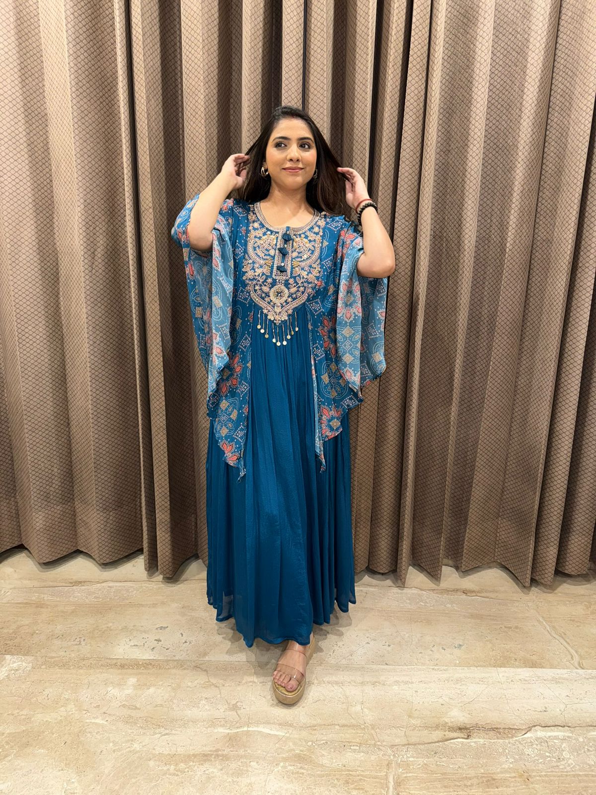 Blue Boho Chic Printed Dress with Embellished Neckline