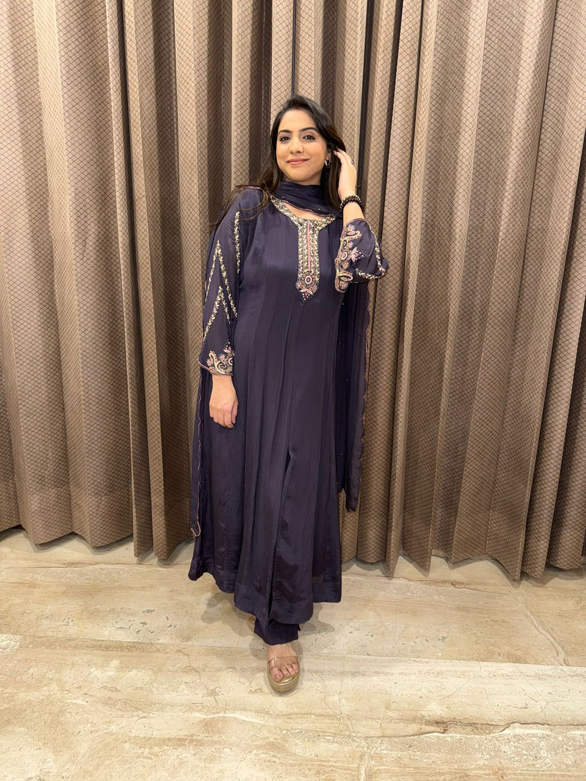 Purple Hand-work Anarkali Set with Dupatta