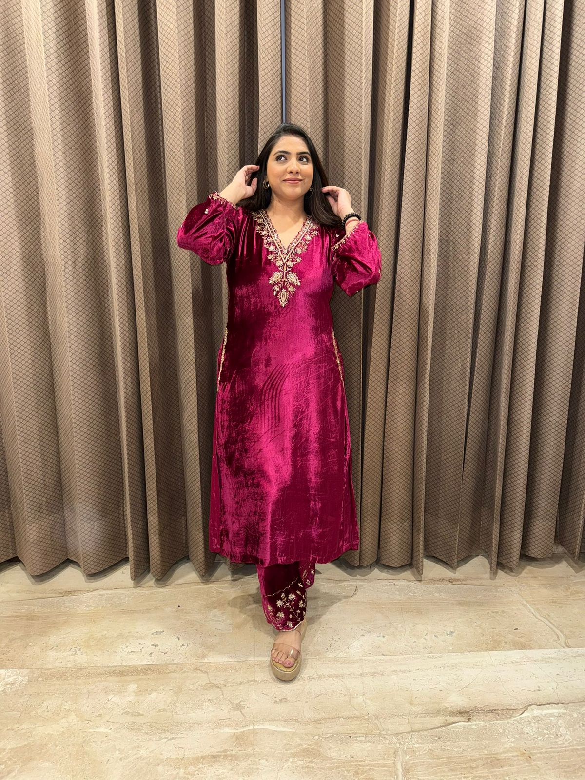 Luxury Velvet Pheran Set with Hand-work Embroidery