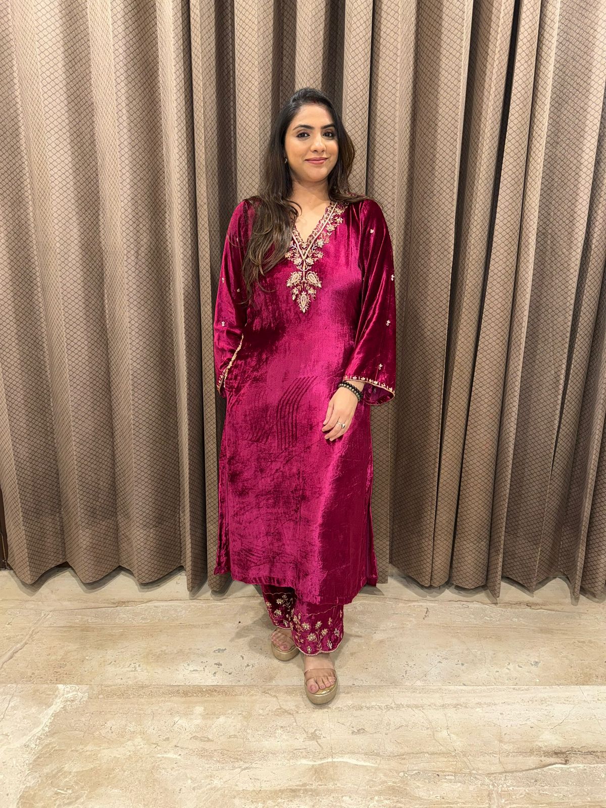 Luxury Velvet Pheran Set with Hand-work Embroidery