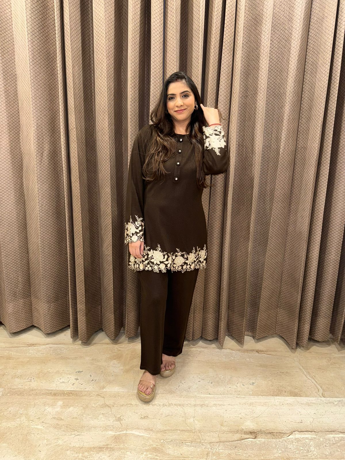 Brown Floral Embroidered Co-ord Set with Straight Pants