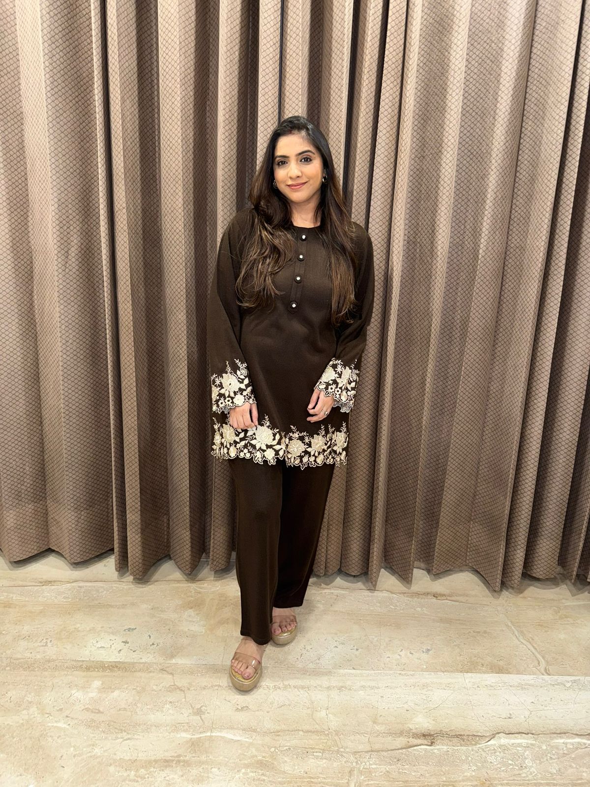 Brown Floral Embroidered Co-ord Set with Straight Pants