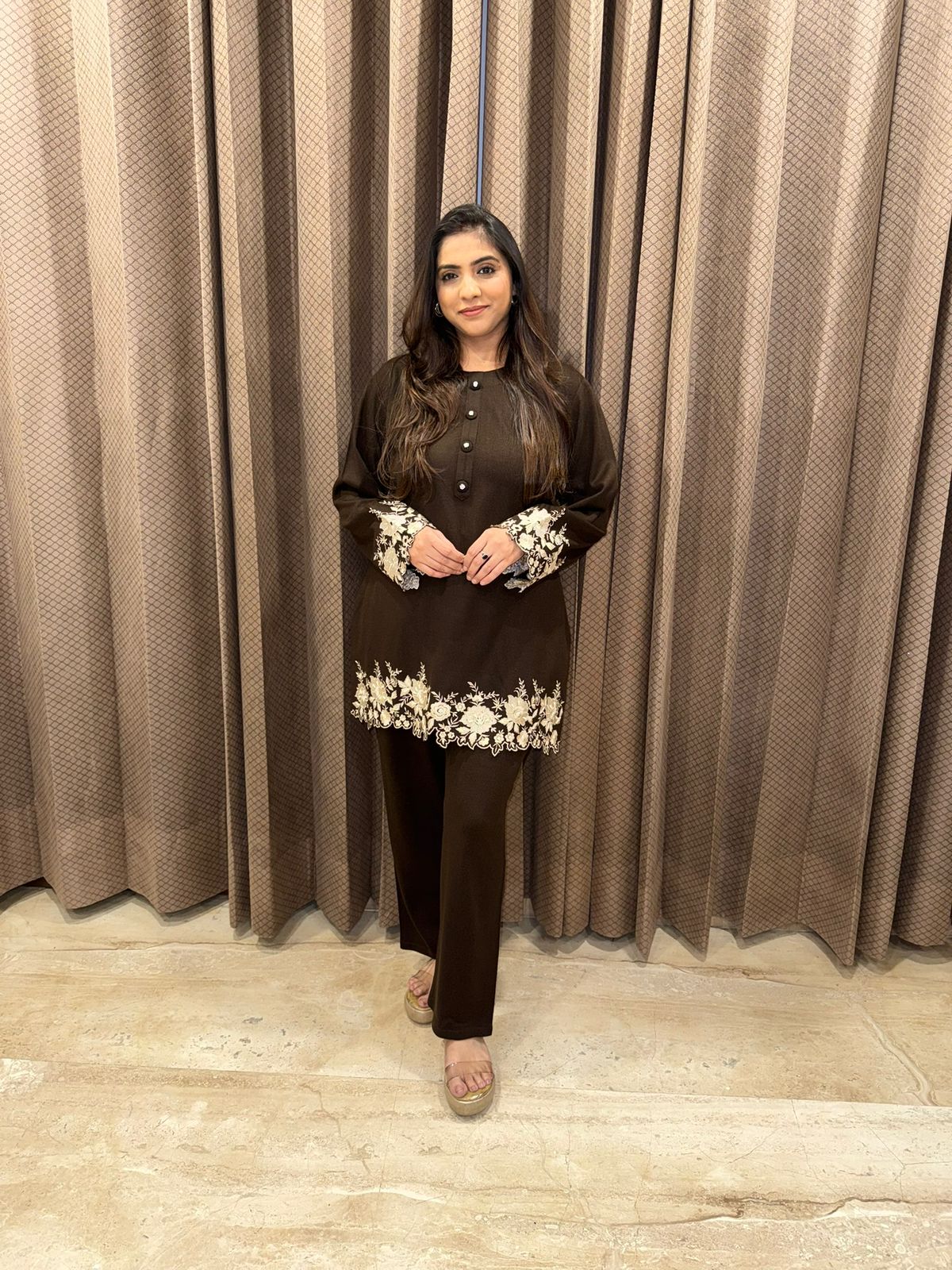 Brown Floral Embroidered Co-ord Set with Straight Pants