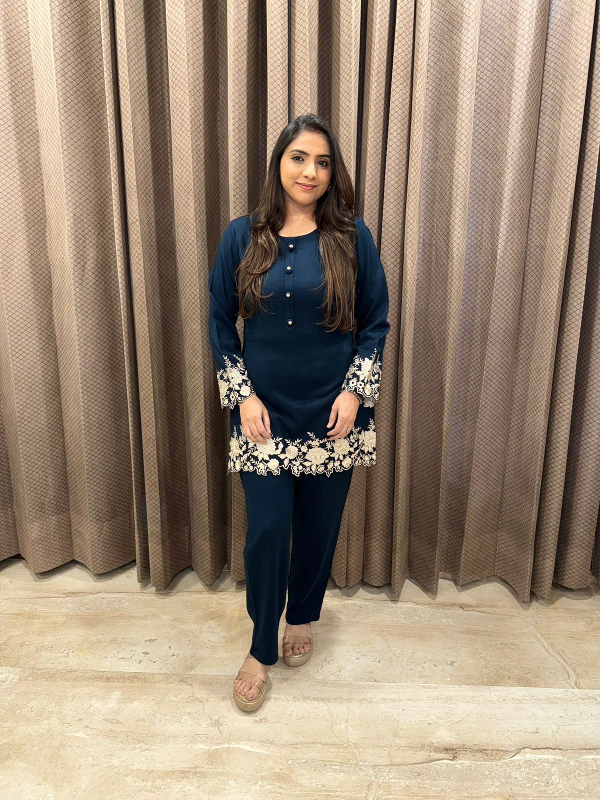 Blue Floral Embroidered Co-ord Set with Straight Pants