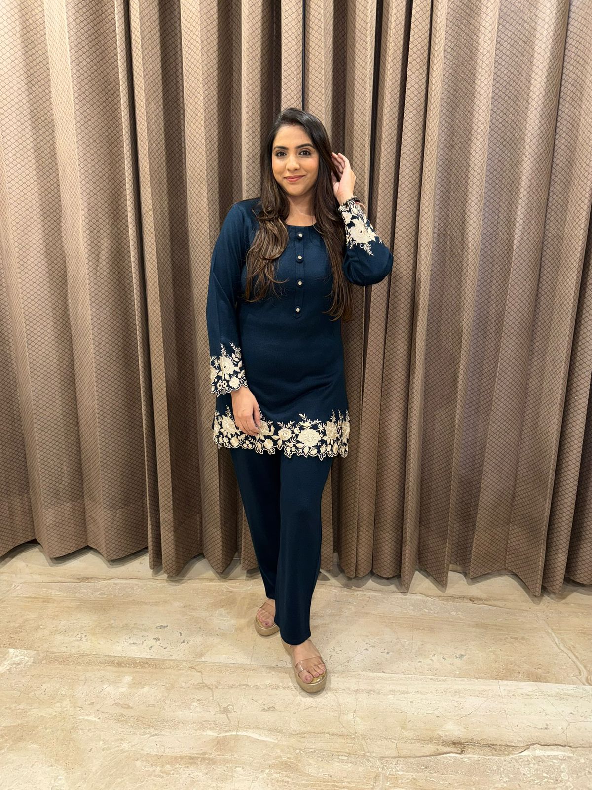 Blue Floral Embroidered Co-ord Set with Straight Pants