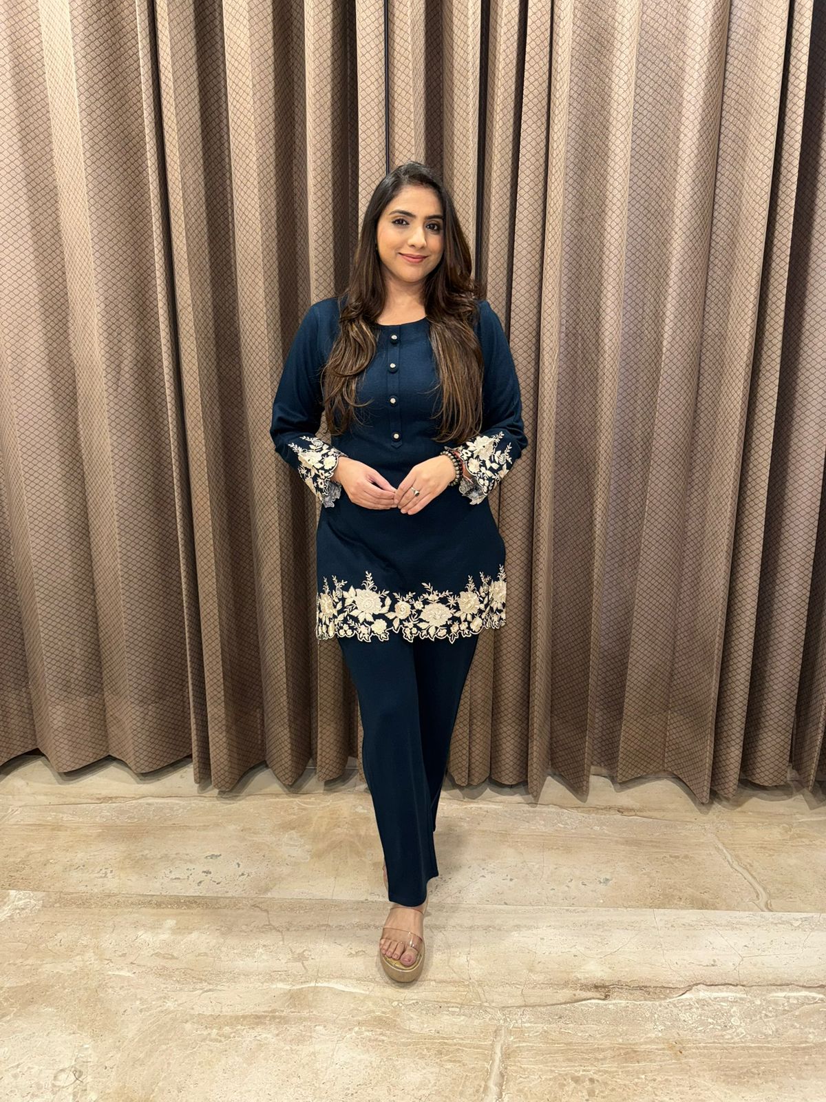 Blue Floral Embroidered Co-ord Set with Straight Pants