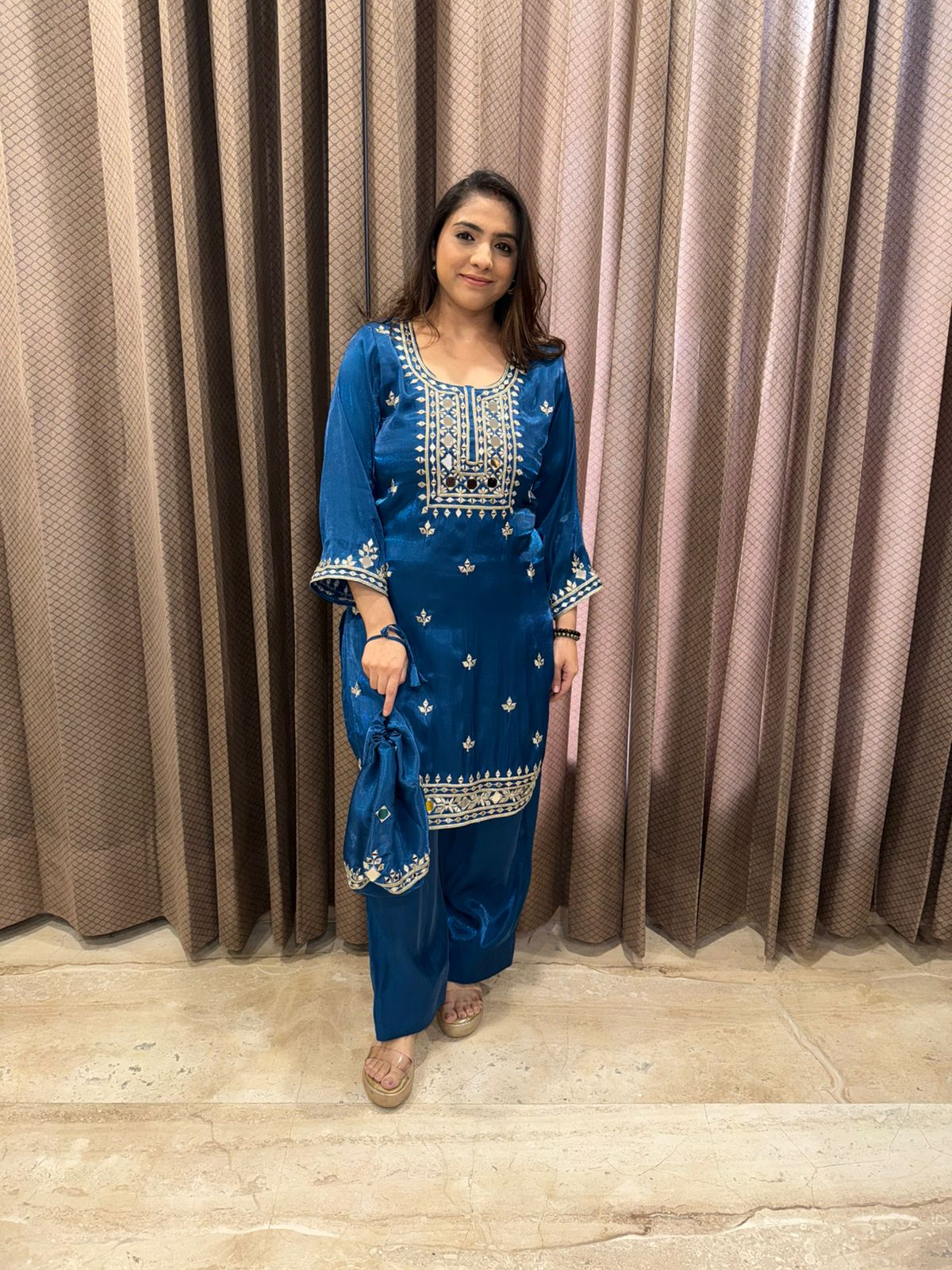 Teal Blue Hand-work Kurta Set with Potli