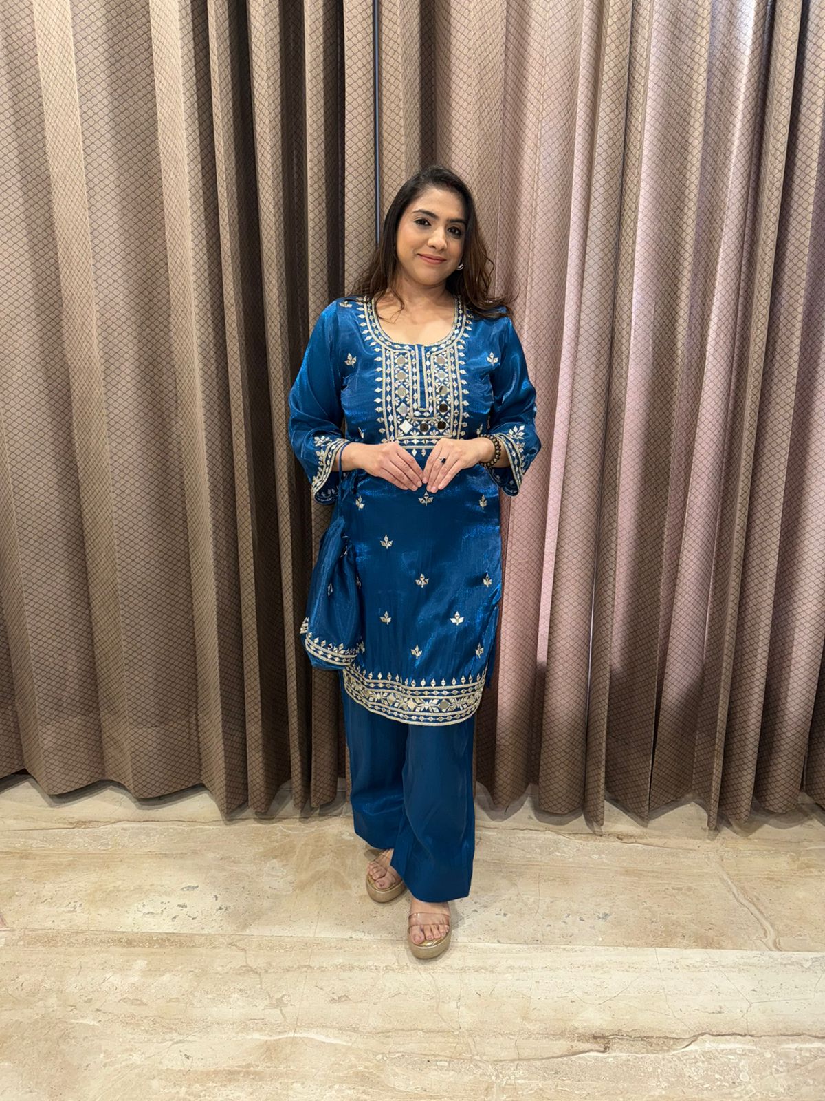 Teal Blue Hand-work Kurta Set with Potli